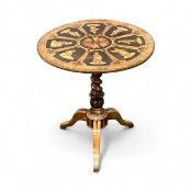 19TH CENTURY ITALIAN SORRENTO WARE CENTRE TABLE, circular top having inlaid central fan motif within