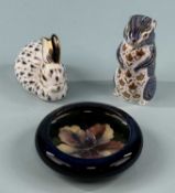 MOORCROFT HIBISCUS PATTERN SHALLOW BOWL, impressed marks, 11cms (diam.); and two Royal Crown Derby
