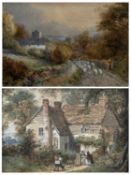 STYLE OF THOMAS CRESWICK watercolour - ladies in conversation outside a country cottage, with boy