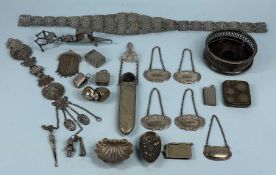 ASSORTED WHITE METAL / PLATED COLLECTABLES, 19th century and later, including a chatelaine belt,