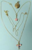9CT GOLD FINE CHAIN NECKLACE, supporting two enamelled 9ct gold charms; together with 9ct gold