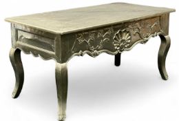 FRENCH STYLE DESK, gold coloured metallic covering, two drawers, cabriole supports, 78 (h) x 159 (w)