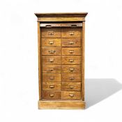 GOOD EDWARDIAN OAK FILING CABINET, tambour front enclosing sixteen drawers with metal name
