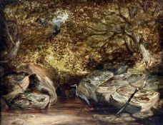 UNKNOWN 19TH CENTURY oil on panel - heron standing in woodland stream, unsigned, 24.5 x 31.5cms