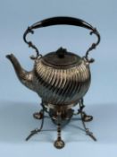 VICTORIAN EPNS TEA KETTLE of bullet form, with wrythen decoration, ebony handle and finial, on
