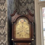 GEORGE III OAK LONGCASE CLOCK, 33.5cms arched brass dial, signed J. Dawes, Chester, with painted