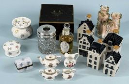 ASSORTED CERAMICS & COLLECTABLES, including five KLM Delft Bols flasks, designed as buildings (