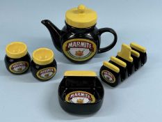 MARMITE CERAMIC BREAKFAST SET, comprising teapot, four-division toast rack, two egg cups, and cereal