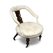 VICTORIAN MAHOGANY FRAMED TUB CHAIR, upholstered back rail and arms, pierced splat back, circular
