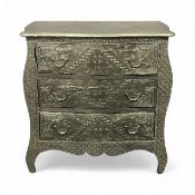 FRENCH STYLE BOMBE SHAPED COMMODE CHEST with gold coloured embossed metallic covering, three long