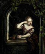 UNKNOWN 18TH/19TH CENTURY oil on canvas - girl with earring seated in archway, unsigned, 19 x