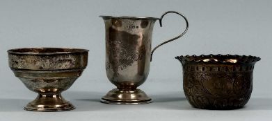 SILVER COLLECTABLES GROUP, comprising George V christening mug, scroll engraved vacant cartouche,