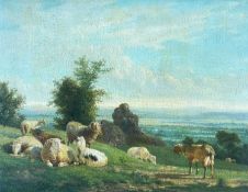 VICTOR-EMILE CARTIER (French, 1811-1866) oil on panel - sheep & goat resting in landscape at dusk,