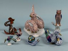 HEREND OF HUNGARY PORCELAIN ANIMAL FIGURES, large pair of rabbits in rust fishnet, 14cms (h); pair