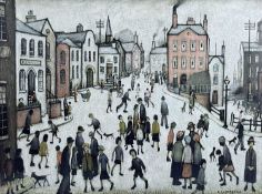 LAURENCE STEPHEN LOWRY RA oil on canvas - entitled 'A Village Square', Ganymed reproduction, 18 x
