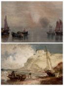 UNKNOWN 19TH CENTURY two seascapes on millboard - one with fishing boats, 18 x 6cms, other with