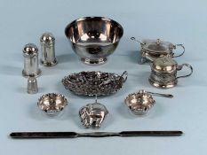 ASSORTED SILVER COLLECTABLES, including leaf shaped dish, various condiments, elephant shaped