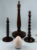 VARIOUS TABLE LAMPS, comprising oak with barley twist column, 46cms (h); mahogany with fluted