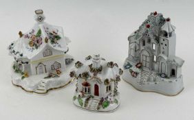 STAFFORDSHIRE PORCELAIN PASTILLE BURNER, modelled as a house having floral encrusted decoration