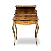 FRENCH 19TH CENTURY YEW & KINGWOOD BONHEUR DU JOUR, raised back with gilded gallery and mounts,