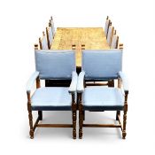 OAK REFECTORY TABLE, rectangular plank top with cleated ends, bulbous turned end supports united