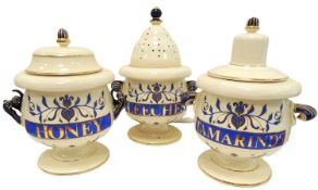 THREE DECORATIVE MODERN POTTERY 'CHEMIST'S JARS', 'Leeches', 'Tamarinds', and 'Honey', tallest 42cms