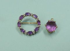 AMETHYST & DIAMOND CIRCULAR BROOCH set in 9ct gold, 20mms (diam.); together with 9ct gold-mounted