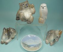 ROYAL COPENHAGEN, comprising two porcelain models of fawns, 10cms; bear cub, 10cms; owl, 9cms; and