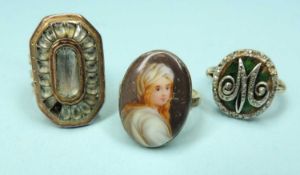 ANTIQUE PASTE SET RING, set in unmarked yellow metal; together with antique diamond and green