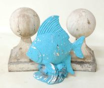 TWO WOODEN POST FINIALS, 49 (h) x 23cms (diam.); together with a decorative blue painted fish garden