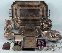ASSORTED PLATED WARE, including rectangular two-handled tea tray with pierced gallery, Walker & Hall