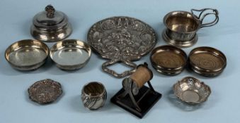ASSORTED SILVER COLLECTABLES, including silver-backed hand mirror embossed with cherubs and scrolls,