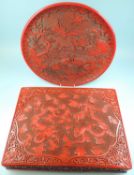 TWO CHINESE CINNABAR LACQUER ITEMS, comprising tray carved with Chinese cranes, Qianlong mark,