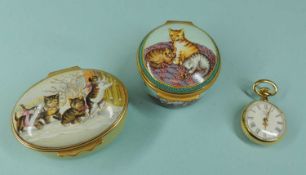 HALCYON DAYS ENAMELLED FOB WATCH, boxed, and two further Halcyon Days enamelled watches, also with