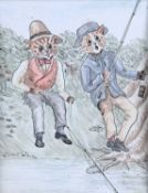 AFTER LOUIS WAIN watercolour, pen and ink - 'An Unexpected Catch', bearing a signature, 25 x 20cms