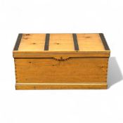 PINE TRUNK, steel banded top, interior compartment with two drawers, with key, 43 (h) x 93 (w) x