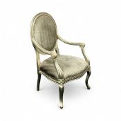 LOUIS XVI STYLE ARMCHAIR, silvered frame, oval back and serpentine seat upholstered in textured