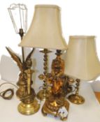 FIVE DECORATIVE BRASS & GILDED RESIN TABLE LAMPS, with two silk shades, 67cms (h) the tallest