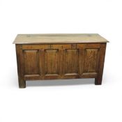 18TH CENTURY JOINED OAK COFFER, hinged plank top, interior with candle box and two drawers, good