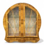 ART DECO WALNUT DISPLAY CABINET, sunburst design to the glazed doors, plate glass shelved