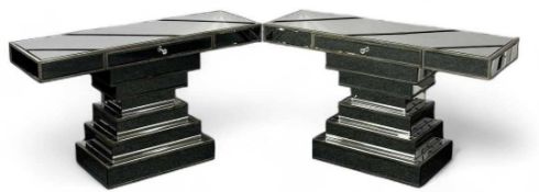 PAIR OF CONTEMPORARY PEDESTAL CONSOLE TABLES, mirrored finish, each having a drawer, 73 (h) x 123 (