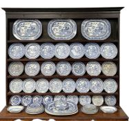 STAFFORDSHIRE BLUE & WHITE WILLOW PATTERN TRANSFER WARE TABLEWARE, 19th century, including five oval