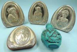 FOUR STERLING SILVER MOUNTED ART NOUVEAU STYLE TABLE ORNAMENTS (one missing bracket), 7.5cms;