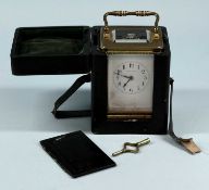 GILT BRASS FOUR-GLASS CARRIAGE CLOCK, late 19th century, white enamel dial with Arabic numerals,