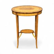 EDWARDIAN SHERATON REVIVAL OVAL SATINWOOD CENTRE TABLE, the top cross banded in mahogany and