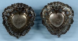 PAIR OF VICTORIAN SILVER HEART SHAPED BON BON DISHES, pierced and chased decoration, Levi & Salaman,