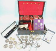 JEWELLERY BOX containing assorted costume jewellery; together with a silver gilt presentation key,