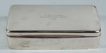 RECTANGULAR SILVER CIGARETTE BOX with rounded corners, hinged lid with inscription dated 1929, James