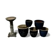 DECORATIVE GARDEN ORNAMENTS, concrete two-piece bird bath, 75 (h) x 41cms (diam.); and five blue