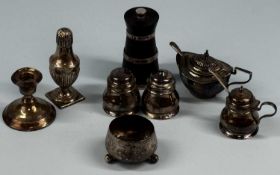 ASSORTED SILVER / SILVER MOUNTED COLLECTABLES, including three-piece condiment set, oval mustard pot